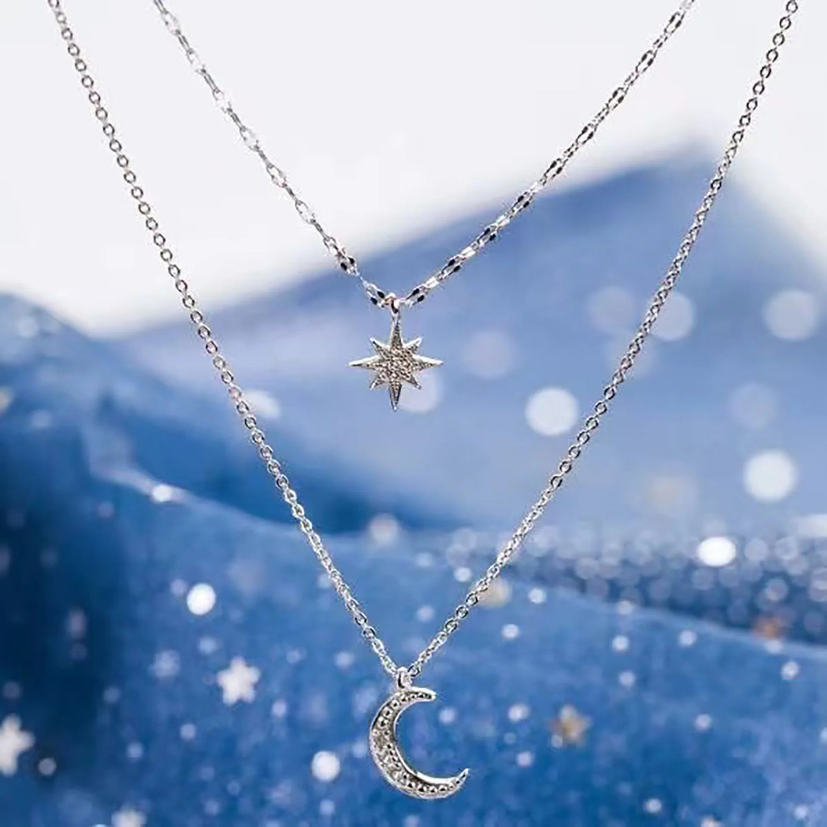 Fashion Silver Color Double Layer Star Moon Necklace for Women Charm Delicate Zircon Choker Chain Jewelry