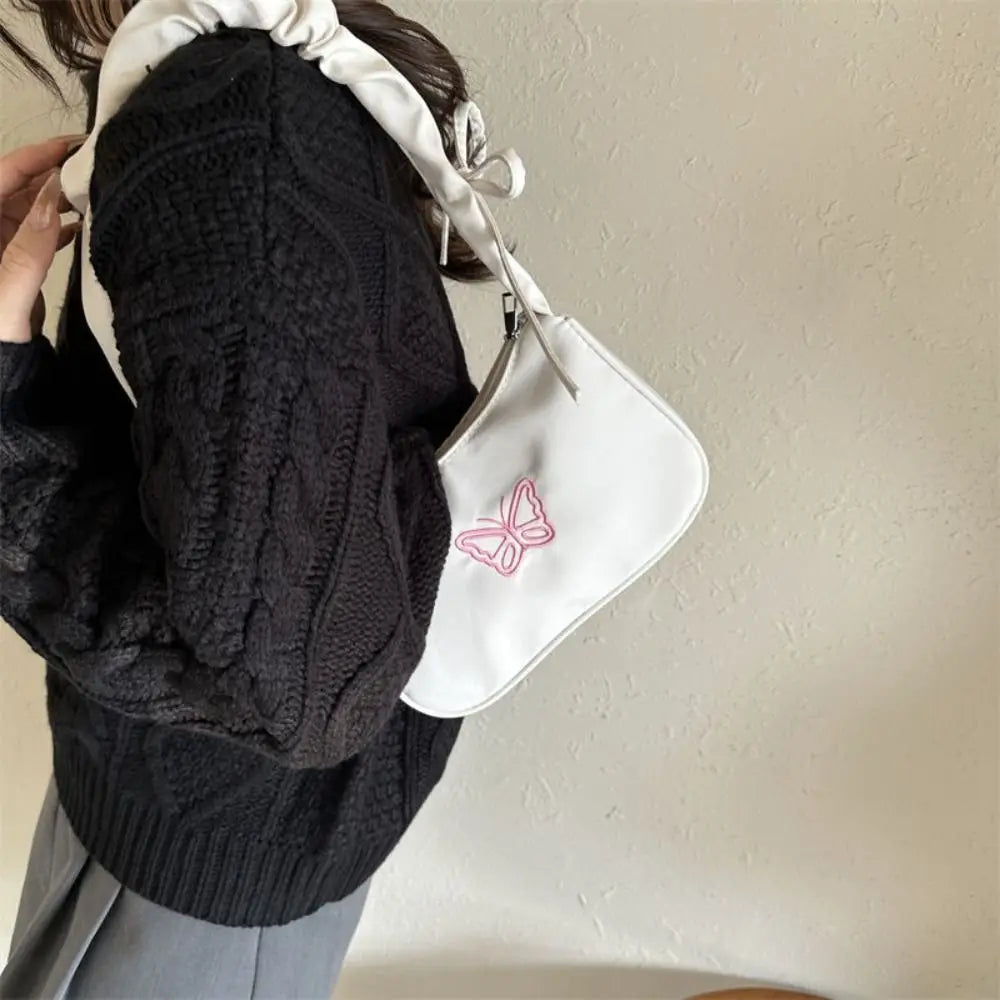 Ruffle Handle Women's Shoulder Bag Butterfly Embroidery Nylon Square Bag Zipper Closure Bowknot Decoration Underarm Bag