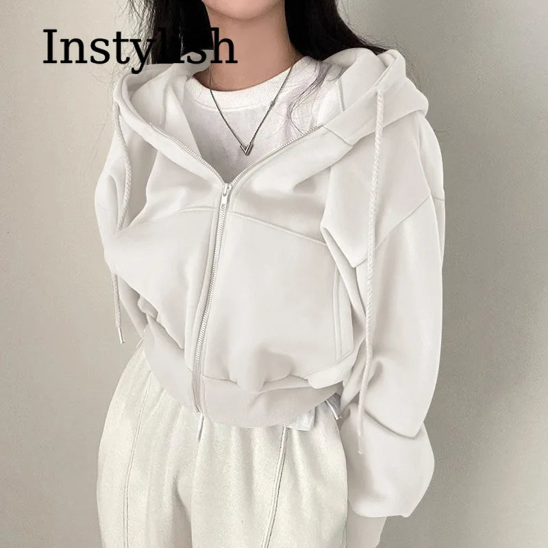 Zippered Long Sleeved Hooded Sweatshirt Loose Casual Simple Trendy Versatile Solid Color Fashionable Lazy Jacket Wholesale