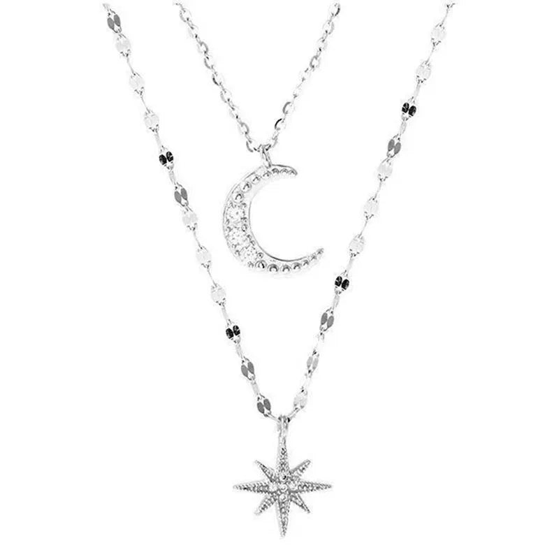 Fashion Silver Color Double Layer Star Moon Necklace for Women Charm Delicate Zircon Choker Chain Jewelry