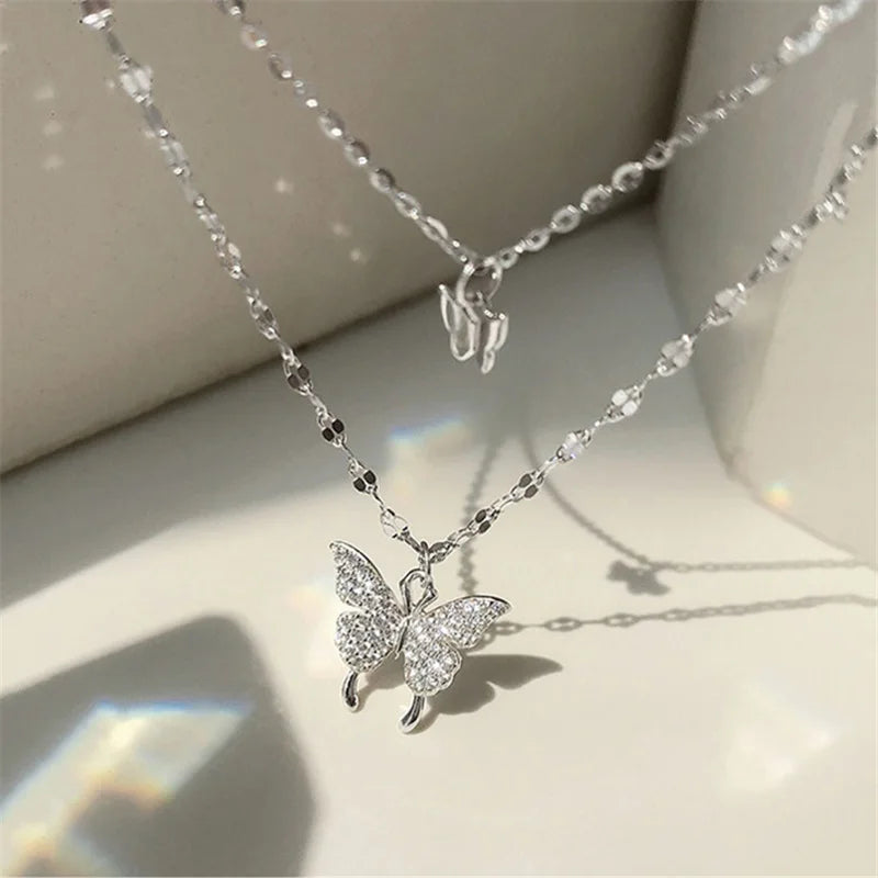 Silver Colour Shiny Butterfly Necklace For women Fashion Double Layer Pendant Clavicle Chain Necklace Wedding Party Jewelry 2021