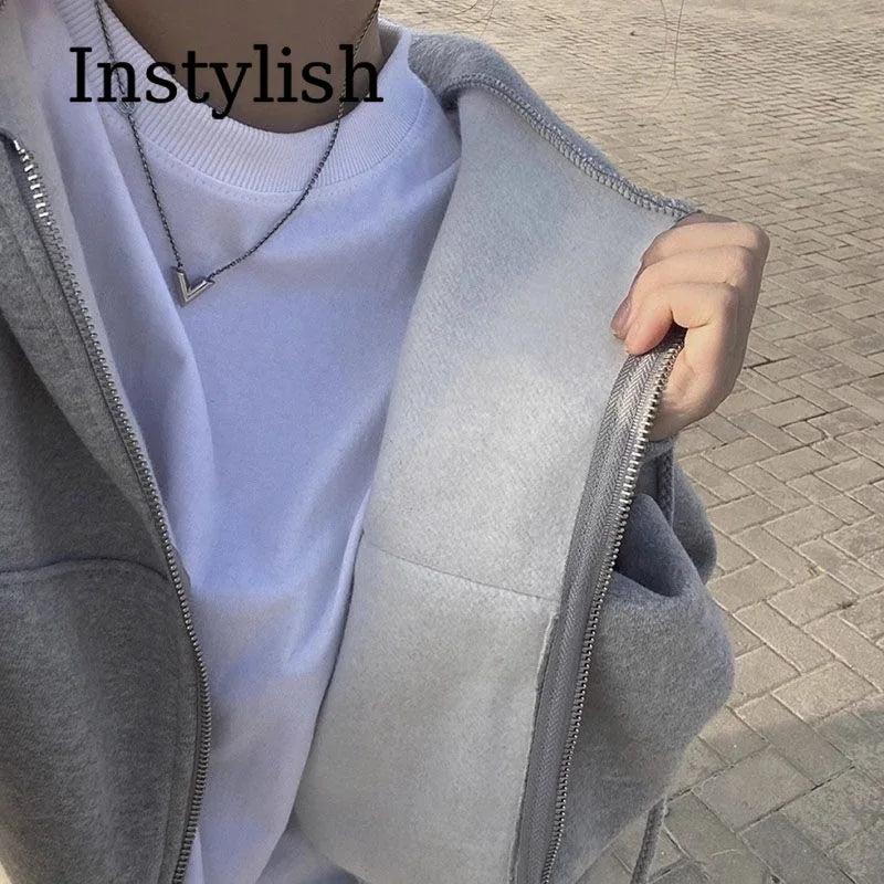 Zippered Long Sleeved Hooded Sweatshirt Loose Casual Simple Trendy Versatile Solid Color Fashionable Lazy Jacket Wholesale