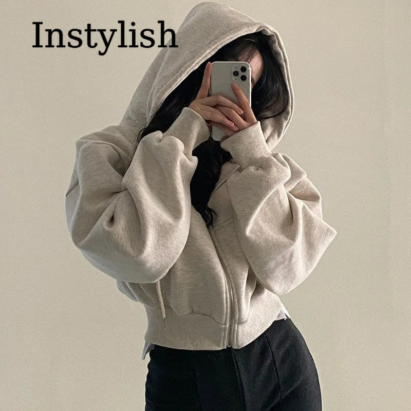 Zippered Long Sleeved Hooded Sweatshirt Loose Casual Simple Trendy Versatile Solid Color Fashionable Lazy Jacket Wholesale