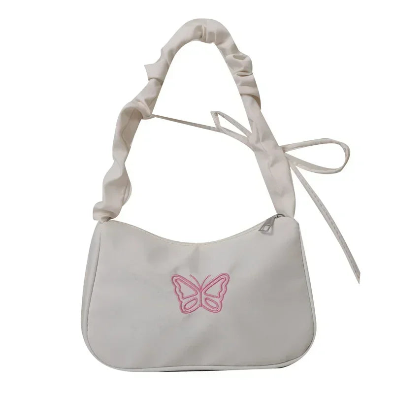 Embroidery Bowknot Butterfly Shoulder Bag Y2k-Style Ruffle Handle Nylon Bow Tote Bag Makeup Lipstick Bag Handbag New