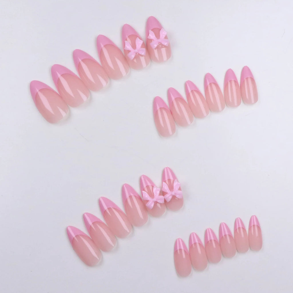 24PCS Almond Medium Pink French Fake Nails Press Ons Glossy Glue 0n Nails Acrylic Nails with 3D Bow Designs Stick on Nails