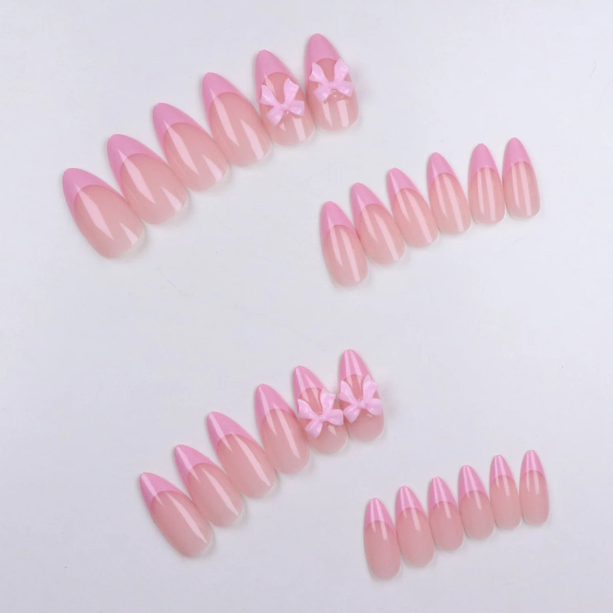 24PCS Almond Medium Pink French Fake Nails Press Ons Glossy Glue 0n Nails Acrylic Nails with 3D Bow Designs Stick on Nails