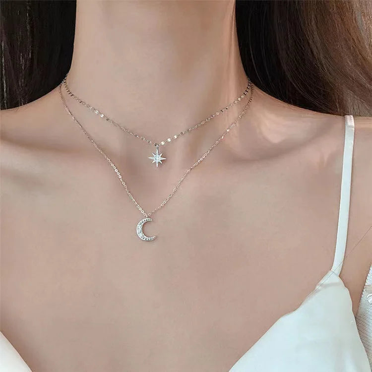 Fashion Silver Color Double Layer Star Moon Necklace for Women Charm Delicate Zircon Choker Chain Jewelry