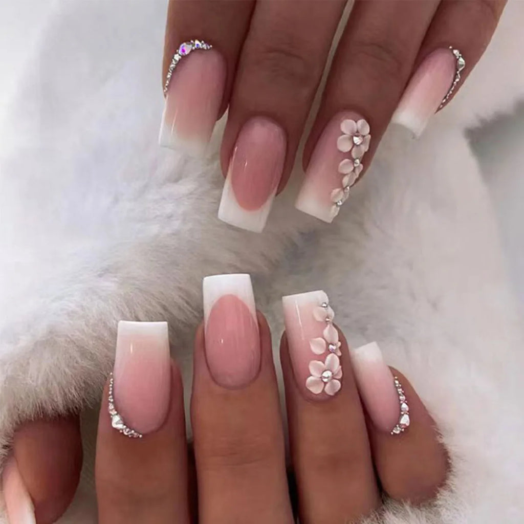 24 pieces of gentle nude long press-on nails (square shape), paired with 1 piece of jelly glue and 1 nail file