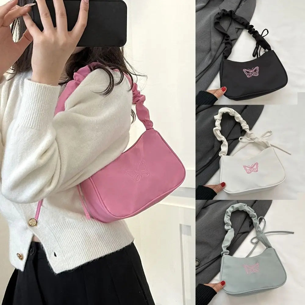 Ruffle Handle Women's Shoulder Bag Butterfly Embroidery Nylon Square Bag Zipper Closure Bowknot Decoration Underarm Bag