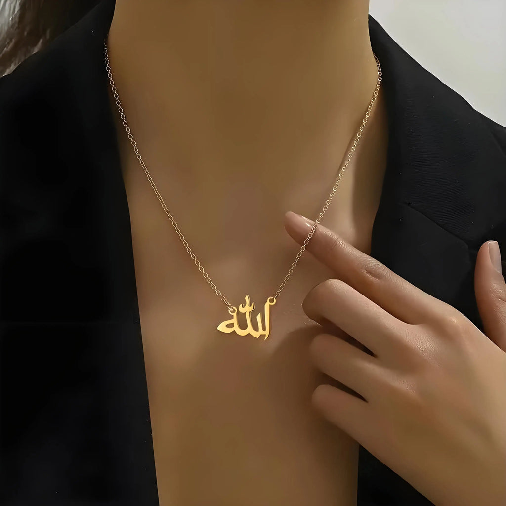 Personalized Arabic Name Necklace, Stainless Steel Gold - Tone Jewelry, Custom Nameplate for Women's Daily & Elegant Wear