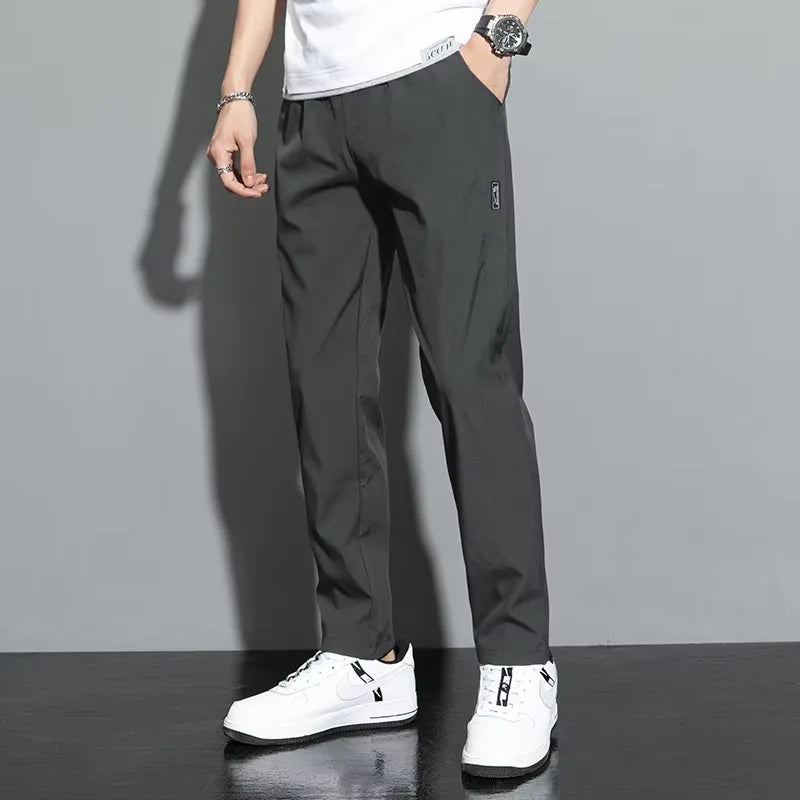 Ice Silk Men's Pants 2025 Summer New Black Gray Thin Business Casual Pants Outdoor Elastic Breathable Straight Leg Sweatpants