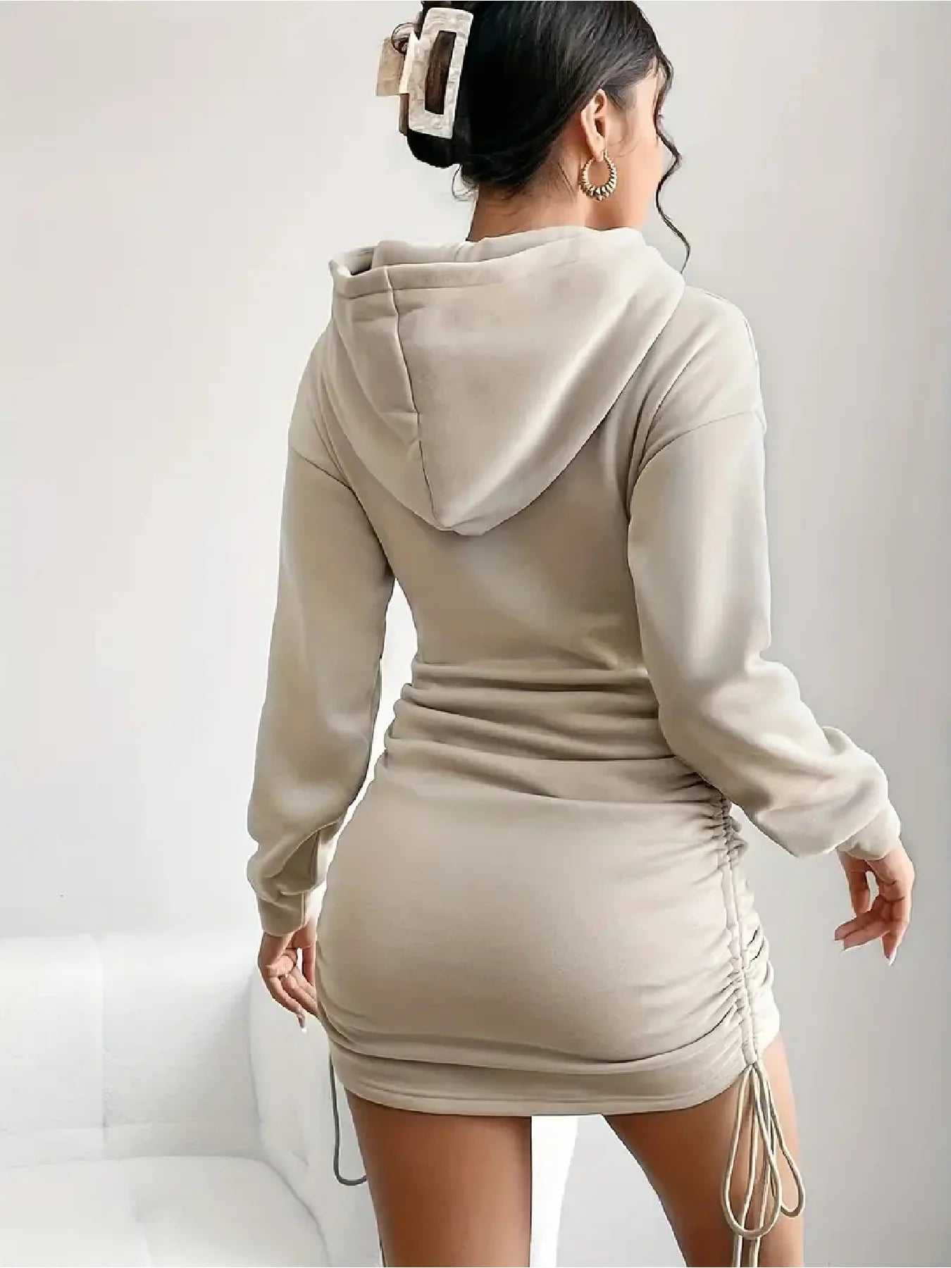 Women's Rest Elegant Hooded Strap Long Sleeve Letter Printed Solid Color Waist Skirt Strap Dress Mini Skirt Length