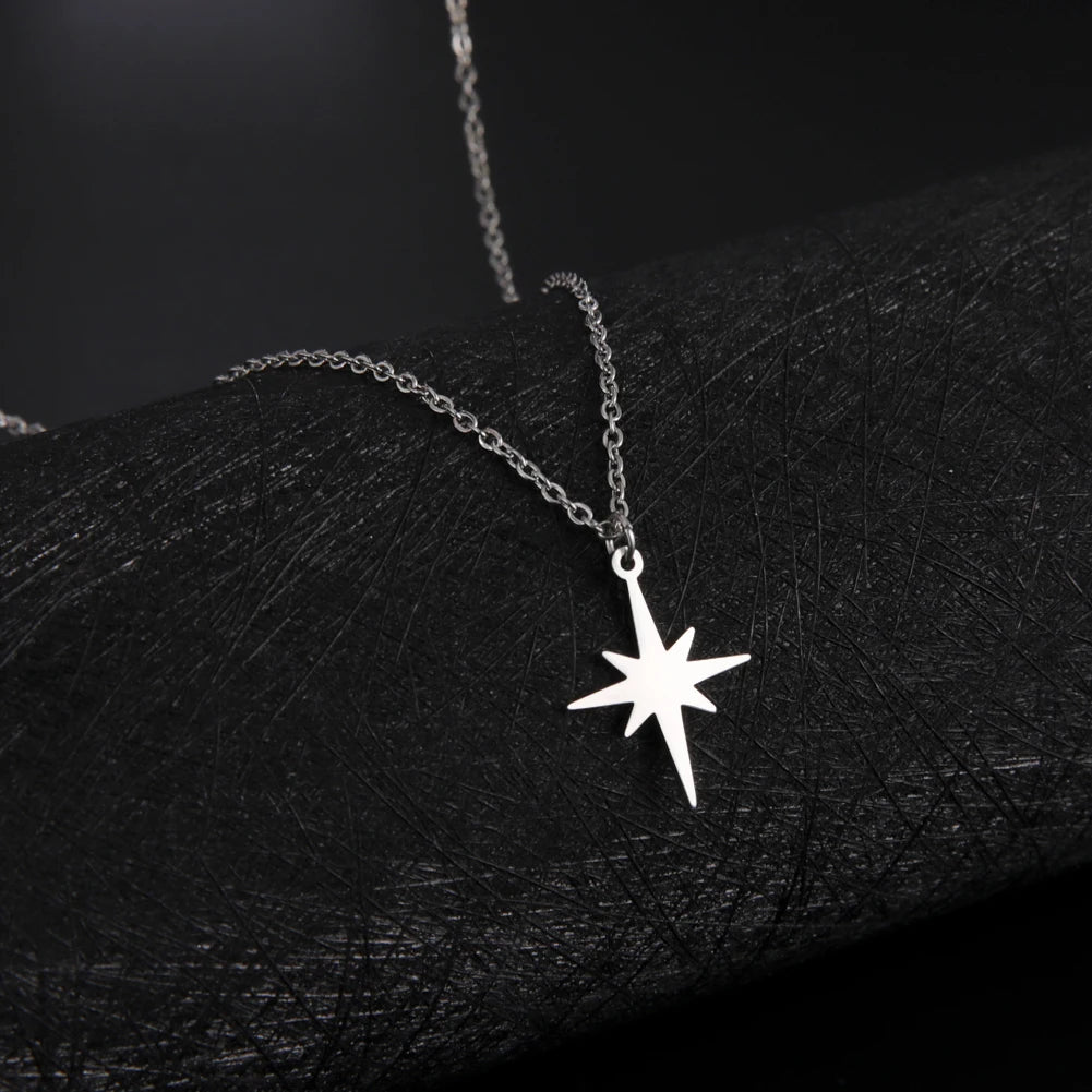 Skyrim Boho North Star Moon Pendant Necklace Stainless Steel Double Layer Clavicle Necklaces Kpop Jewelry Gift for Women