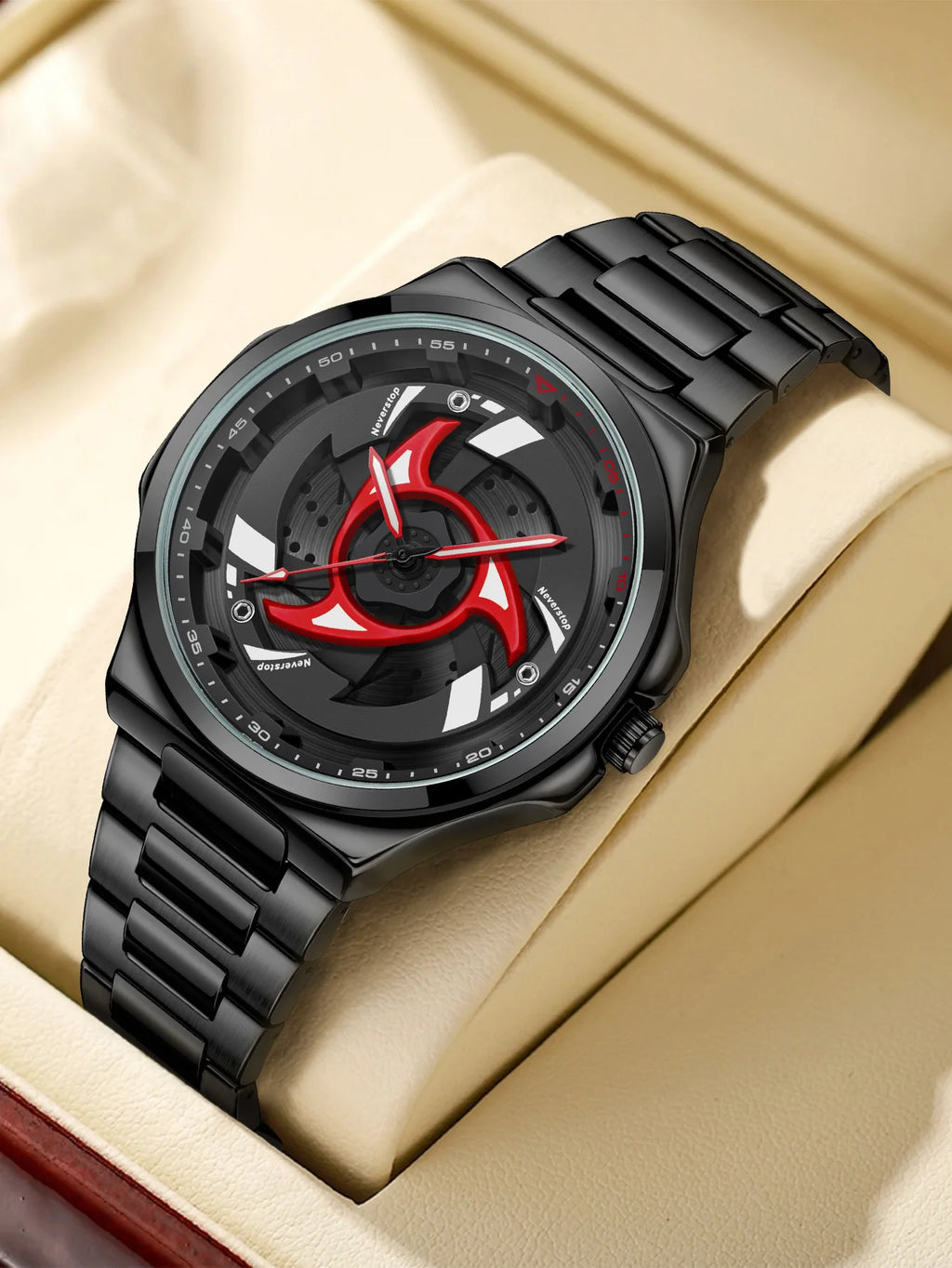 Men's Quartz Watch Anime Sharingan Design Stainless Steel Band Waterproof Sport Wristwatch Fashion Casual Watch for Men