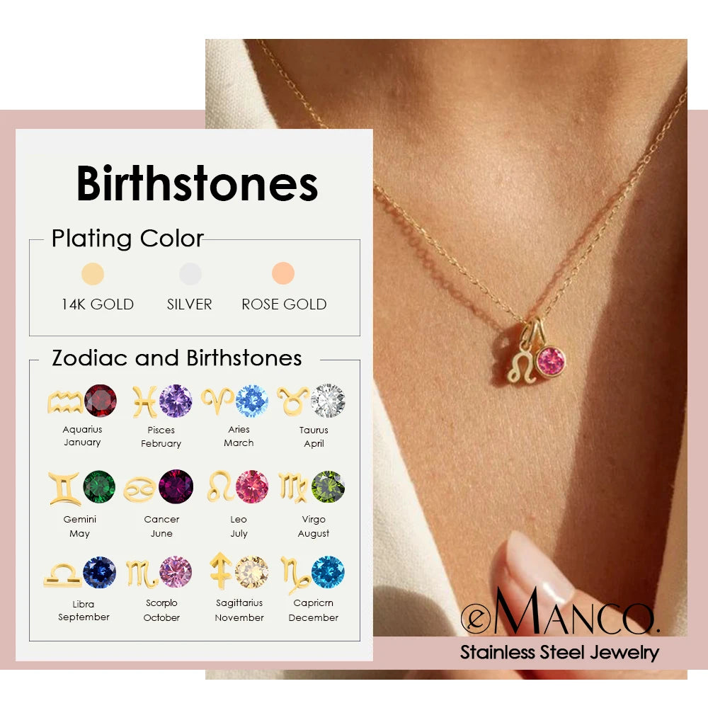 EMANCO Birthstone Constellation Double Pendant Necklace 12 Zirconia Stainless Steel Jewelry DIY Necklace Birthday Gift
