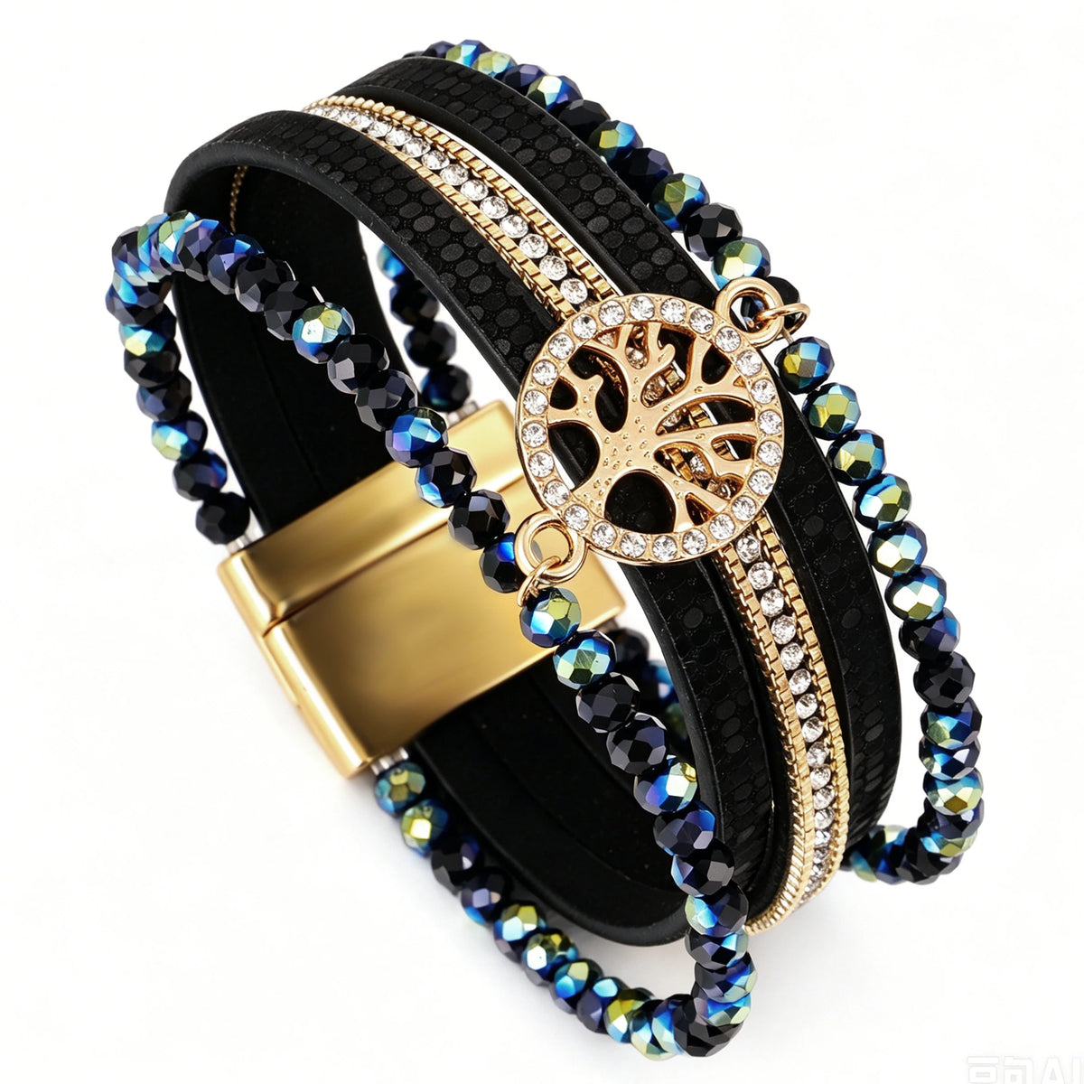 ALLYES Vintage Tree of Life Leather Bracelet for Women Multilayer Crystal Beads Chain Wrap Bracelets & Bangles Party Jewelry