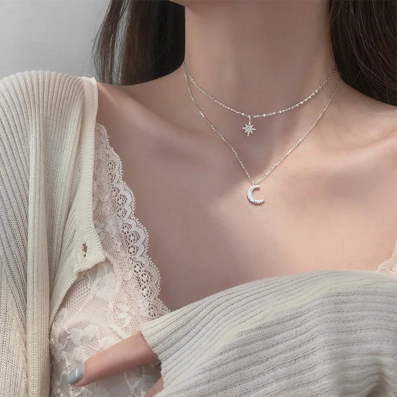 Fashion Silver Color Double Layer Star Moon Necklace for Women Charm Delicate Zircon Choker Chain Jewelry