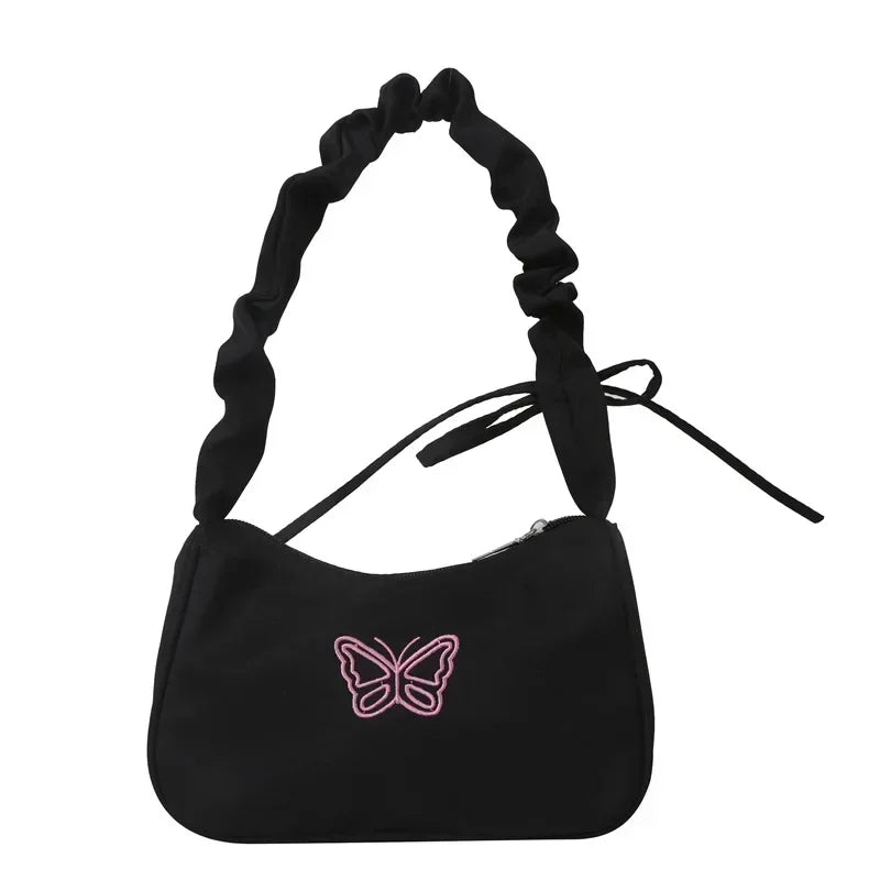 Embroidery Bowknot Butterfly Shoulder Bag Y2k-Style Ruffle Handle Nylon Bow Tote Bag Makeup Lipstick Bag Handbag New