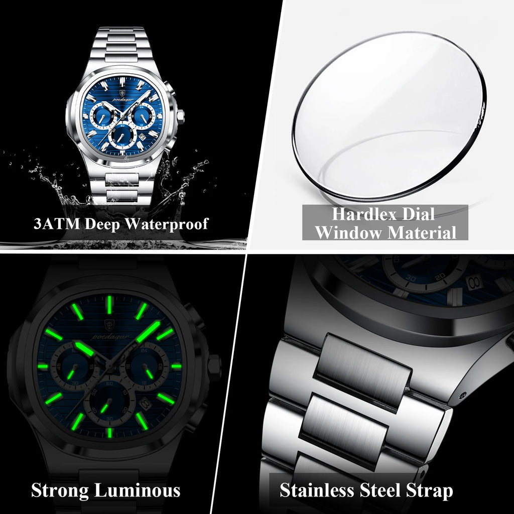 POEDAGAR Top Business Man Wristwatch Stainless Steel Waterproof Luminous Men Clock Date Chronograph Quartz Fashion Men's Watches