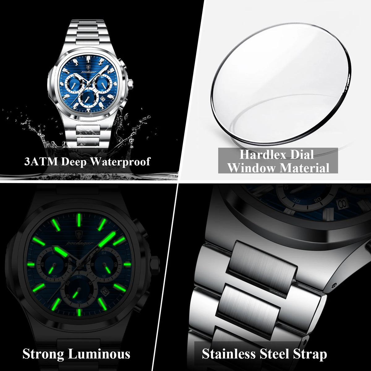 POEDAGAR Top Business Man Wristwatch Stainless Steel Waterproof Luminous Men Clock Date Chronograph Quartz Fashion Men's Watches