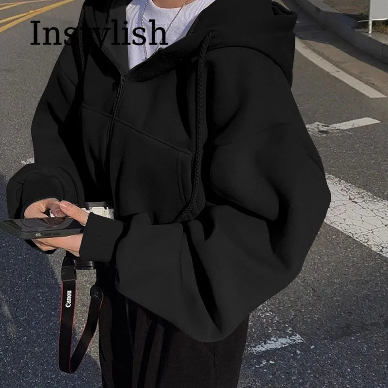 Zippered Long Sleeved Hooded Sweatshirt Loose Casual Simple Trendy Versatile Solid Color Fashionable Lazy Jacket Wholesale