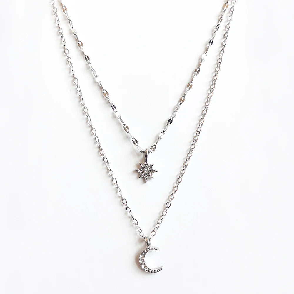Fashion Silver Color Double Layer Star Moon Necklace for Women Charm Delicate Zircon Choker Chain Jewelry