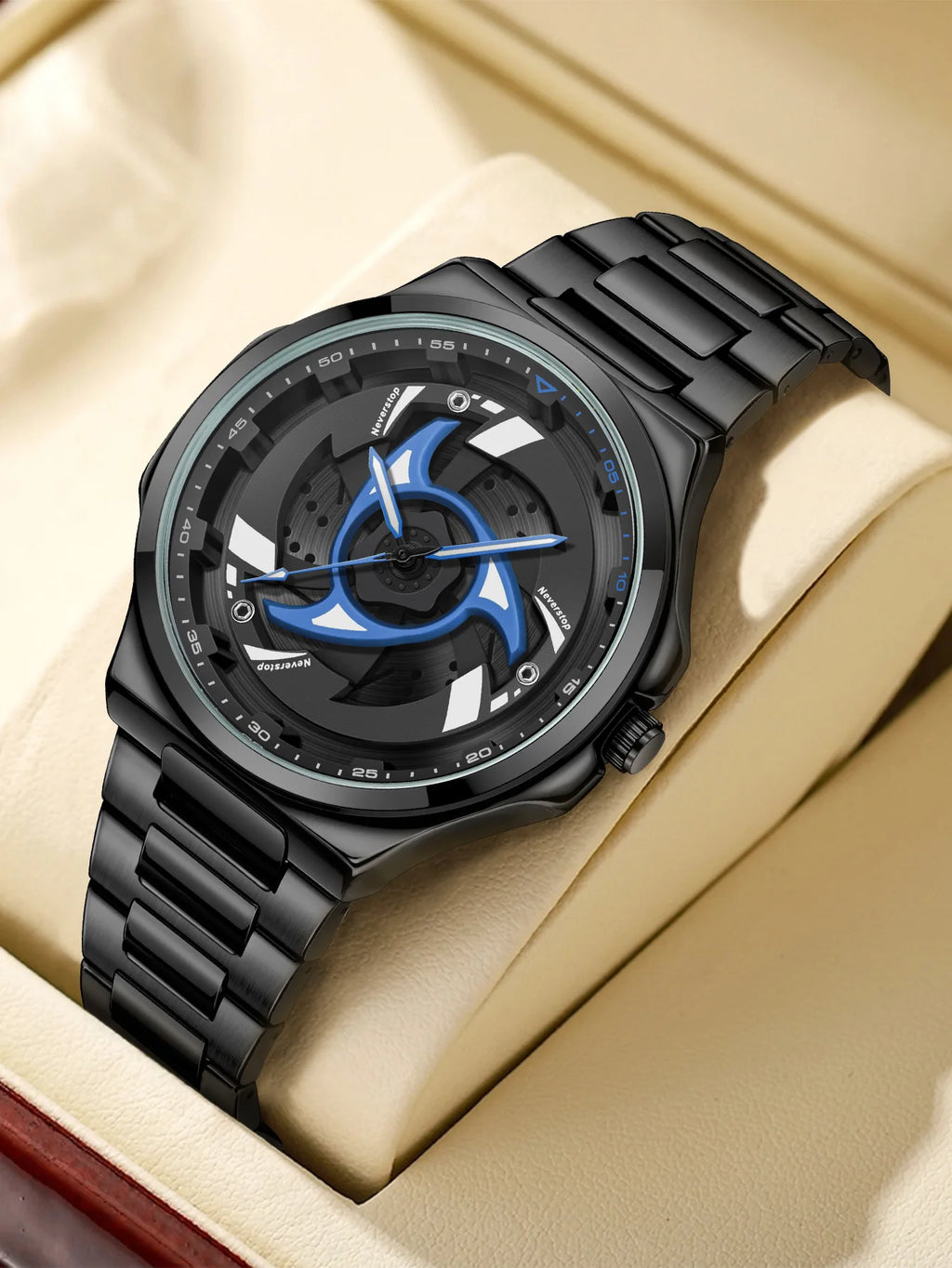 Men's Quartz Watch Anime Sharingan Design Stainless Steel Band Waterproof Sport Wristwatch Fashion Casual Watch for Men