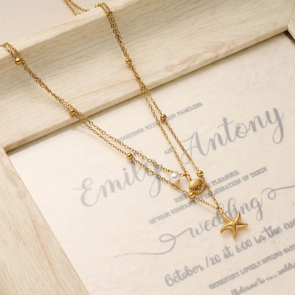 Fashion Starfish Shell Pearl Necklace for Women Stainless Steel Gold Color Double Layered Beads Chain Summer Beach Jewelry Gift