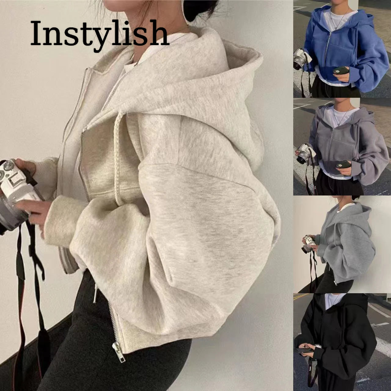 Zippered Long Sleeved Hooded Sweatshirt Loose Casual Simple Trendy Versatile Solid Color Fashionable Lazy Jacket Wholesale