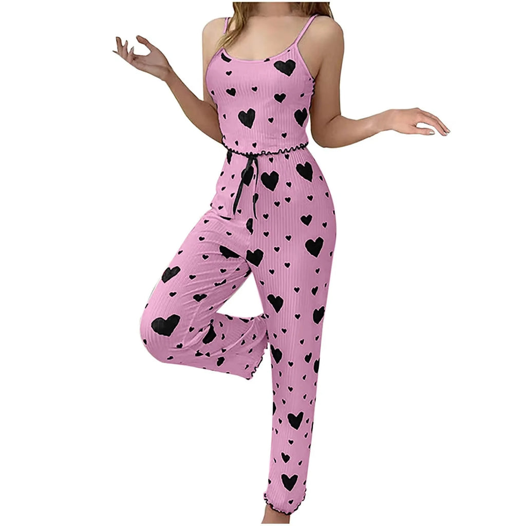 2025 New Women Pajamas Plus Size Pajamas Set 2 Piece Short Vest + Trouser White Breathable Soft Casual Love Print