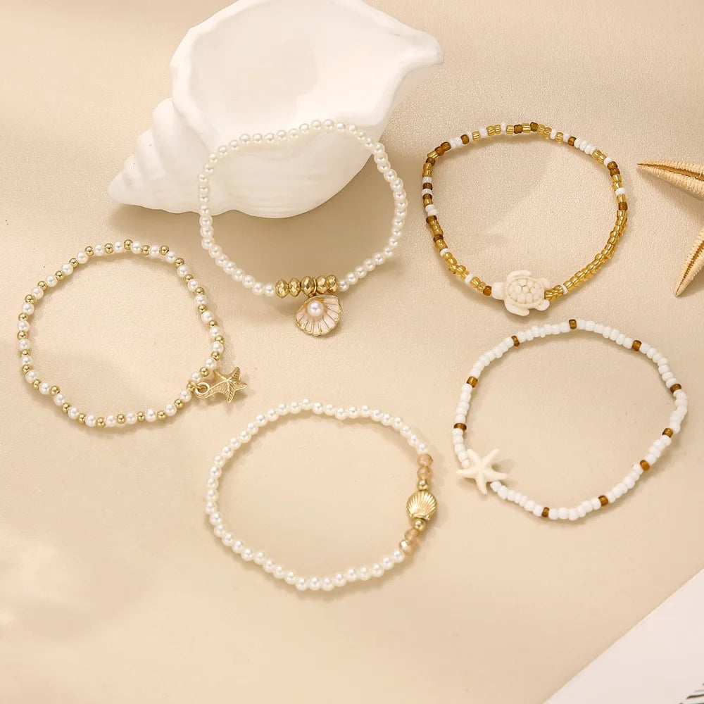 5Pcs Bohemian Ocean Theme Pearl Beaded Layered Bracelet Set Women Starfish Turtle Shell Charm Summer Beach Vacation Jewelry Sets