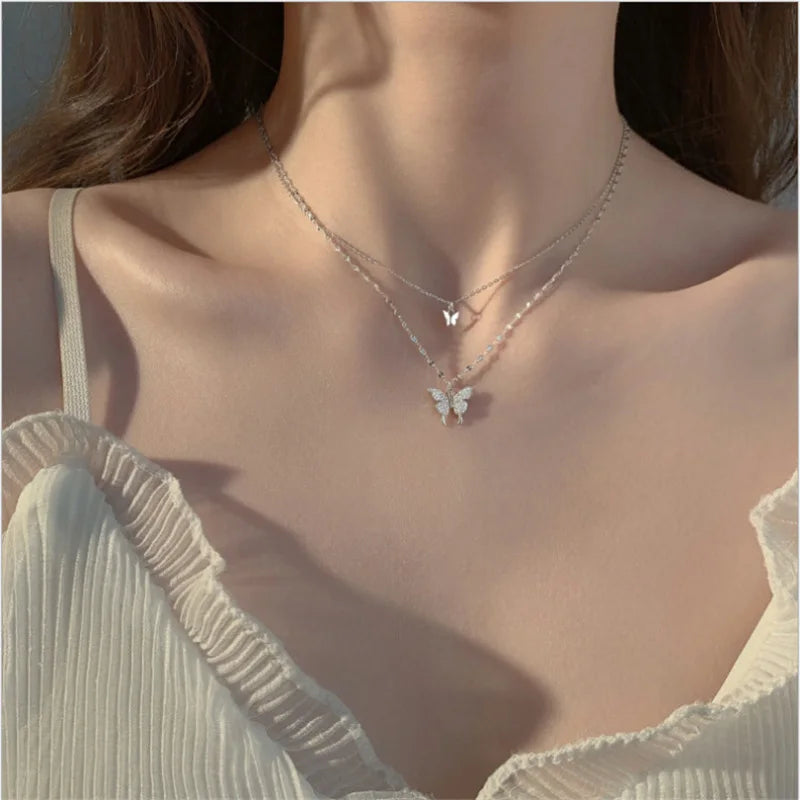 Silver Colour Shiny Butterfly Necklace For women Fashion Double Layer Pendant Clavicle Chain Necklace Wedding Party Jewelry 2021